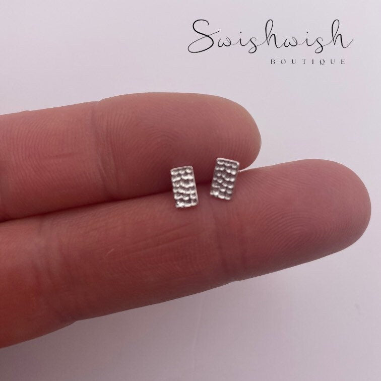 Sterling Silver Rectangle Stud Earrings with Hammered Effect