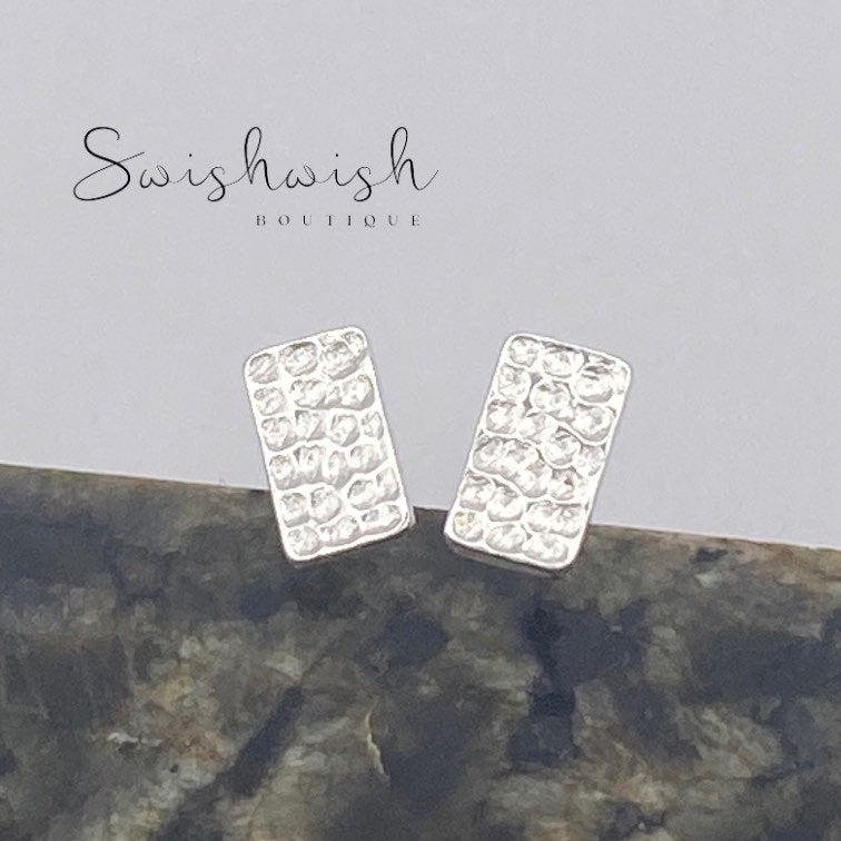 Sterling Silver Rectangle Stud Earrings with Hammered Effect