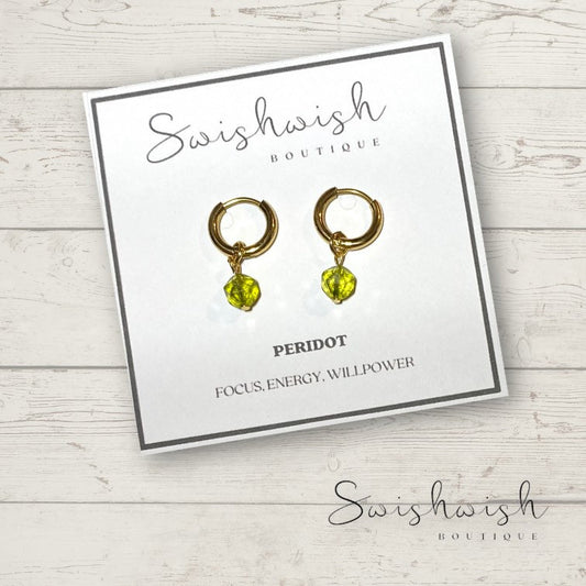 Minimalist Gemstone Huggie Hoop Earrings with Peridot Crystal