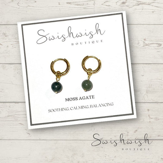 Minimalist Gemstone Huggie Hoop Earrings with Moss Agate Crystal