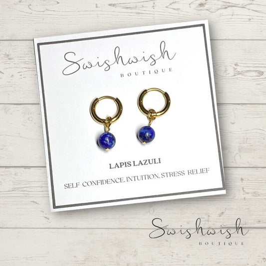 Minimalist Gemstone Huggie Hoop Earrings with Lapis Lazuli Crystal