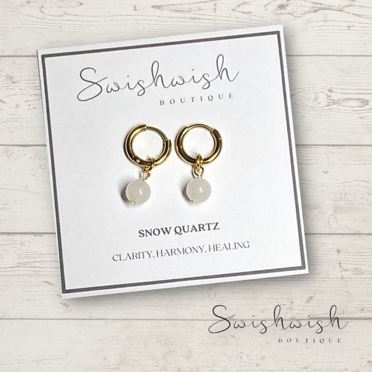 Minimalist Gemstone Huggie Hoop Earrings with Snow Quartz Crystal