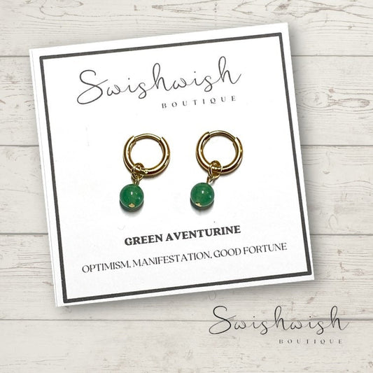 Minimalist Gemstone Huggie Hoop Earrings with Green Aventurine Crystal