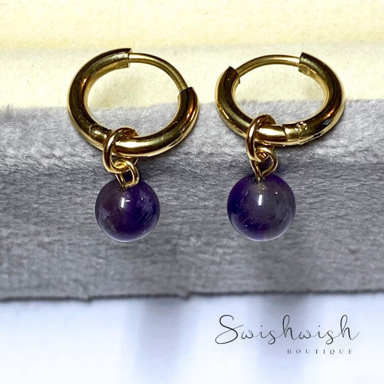 Minimalist Amethyst Huggie Hoop Earrings