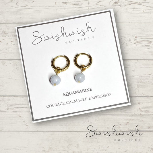 Minimalist Gemstone Huggie Hoop Earrings with Aquamarine Crystal