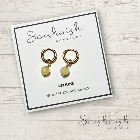 Minimalist Gemstone Huggie Hoop Earrings with Citrine Crystal