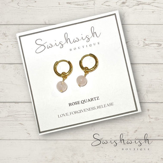 Minimalist Rose Quartz Huggie Hoop Earrings